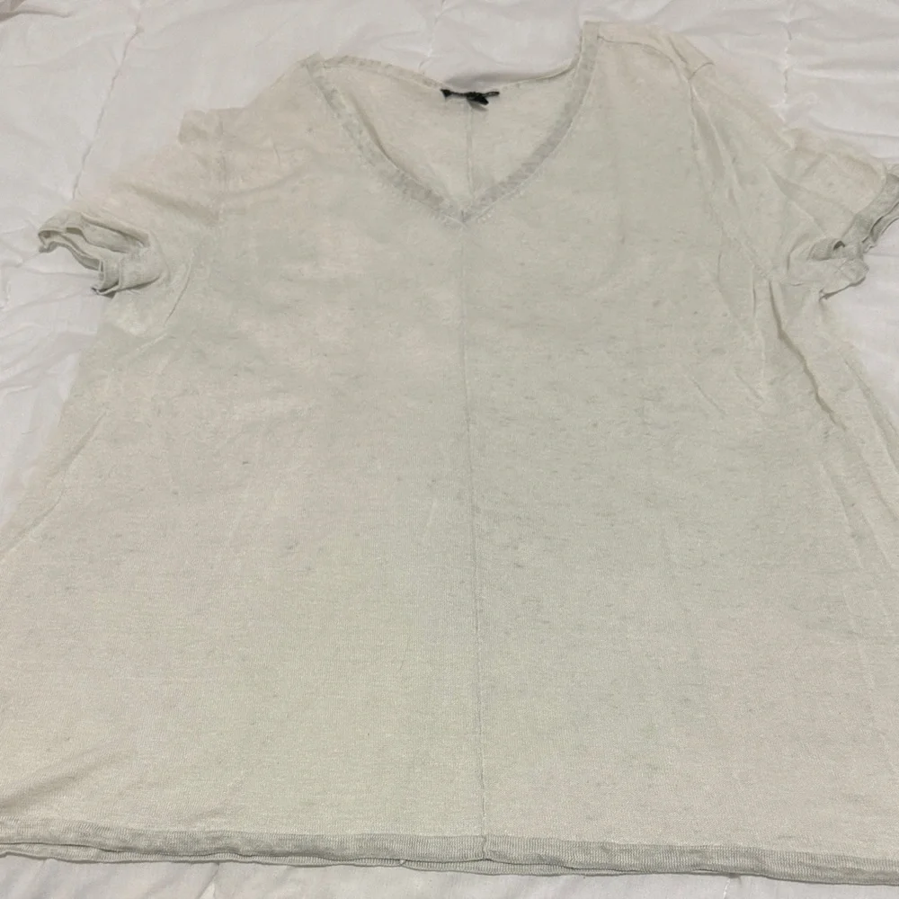 Eileen Fisher Tri-Blend Cream-Gray V-Neck Short Sleeve Top - Picture 15 of 15